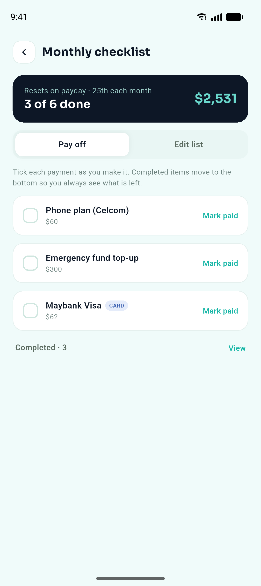 The BudjetBuddy payday checklist: bills and payments to tick off, resetting each cycle.