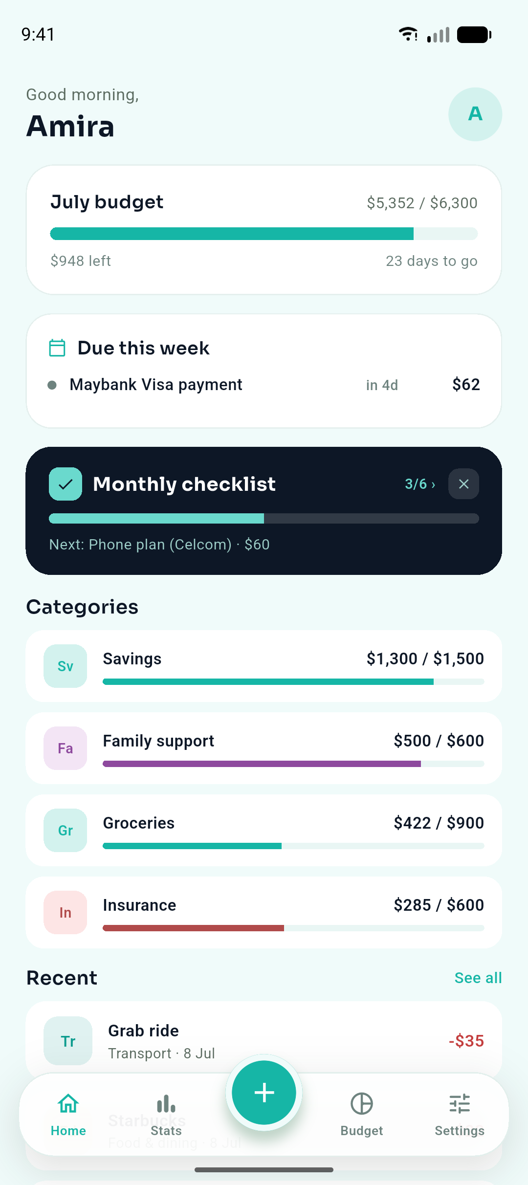 The BudjetBuddy home screen showing a monthly budget, a due-this-week bill, the payday checklist and spending categories.